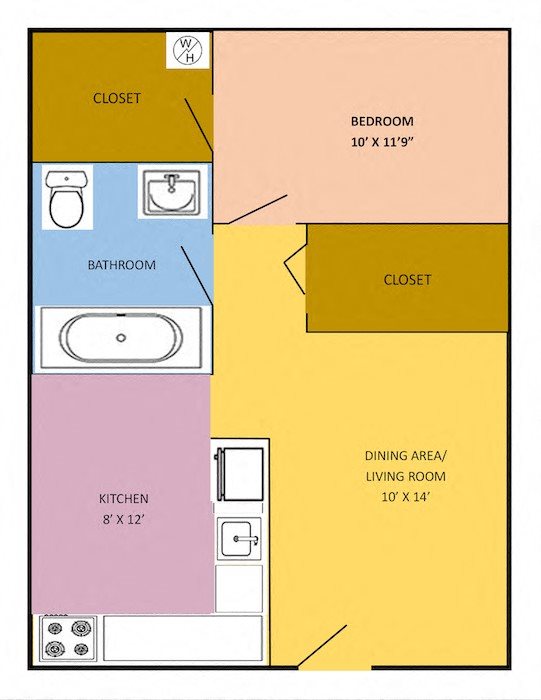 1BR-CSP 1 Bedroom floor plan with kitchen, living room, bedroom, bathroom, 2 closets